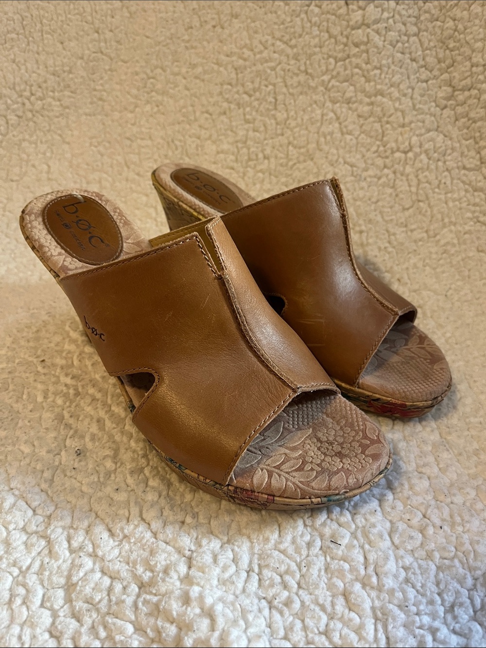 b.o.c. Tan Leather Slip-On Wedge Mules